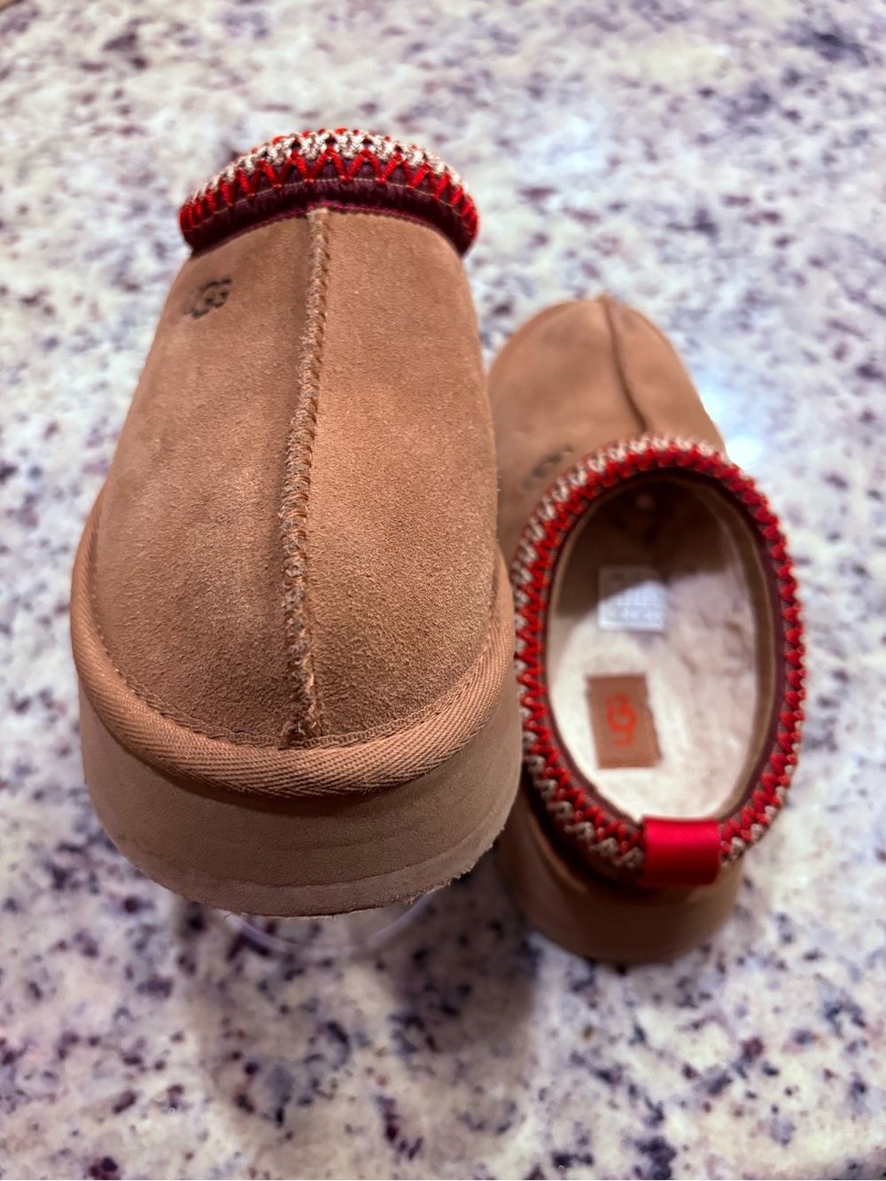 UGG Women's Chestnut Suede Slip-On Slippers with Red Trim